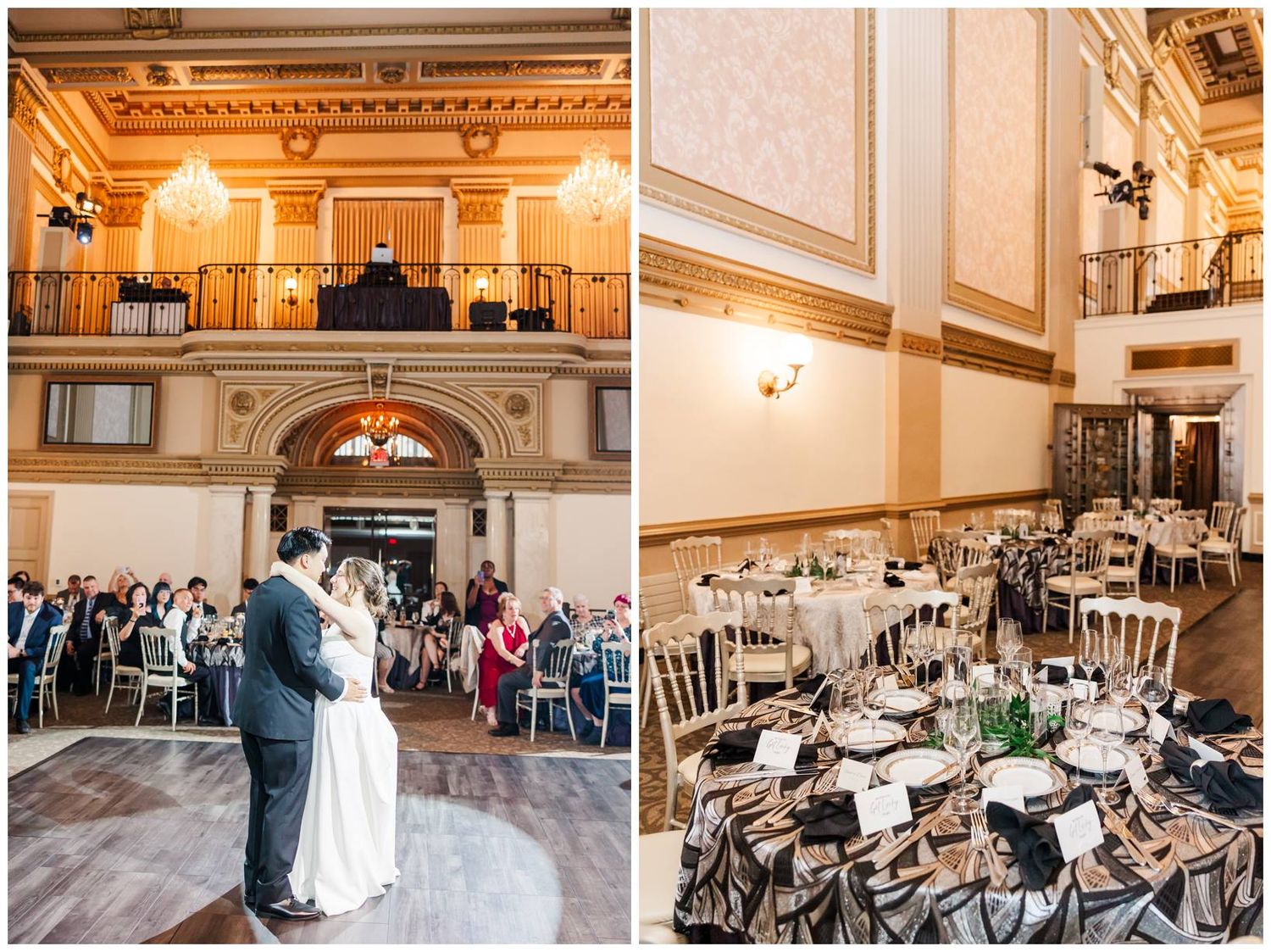 Elegant ballroom setup with round tables and chairs arranged for a formal wedding reception.