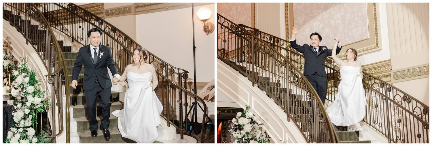 Wedding couple poses on ornate staircase with classic architectural details and natural lighting.