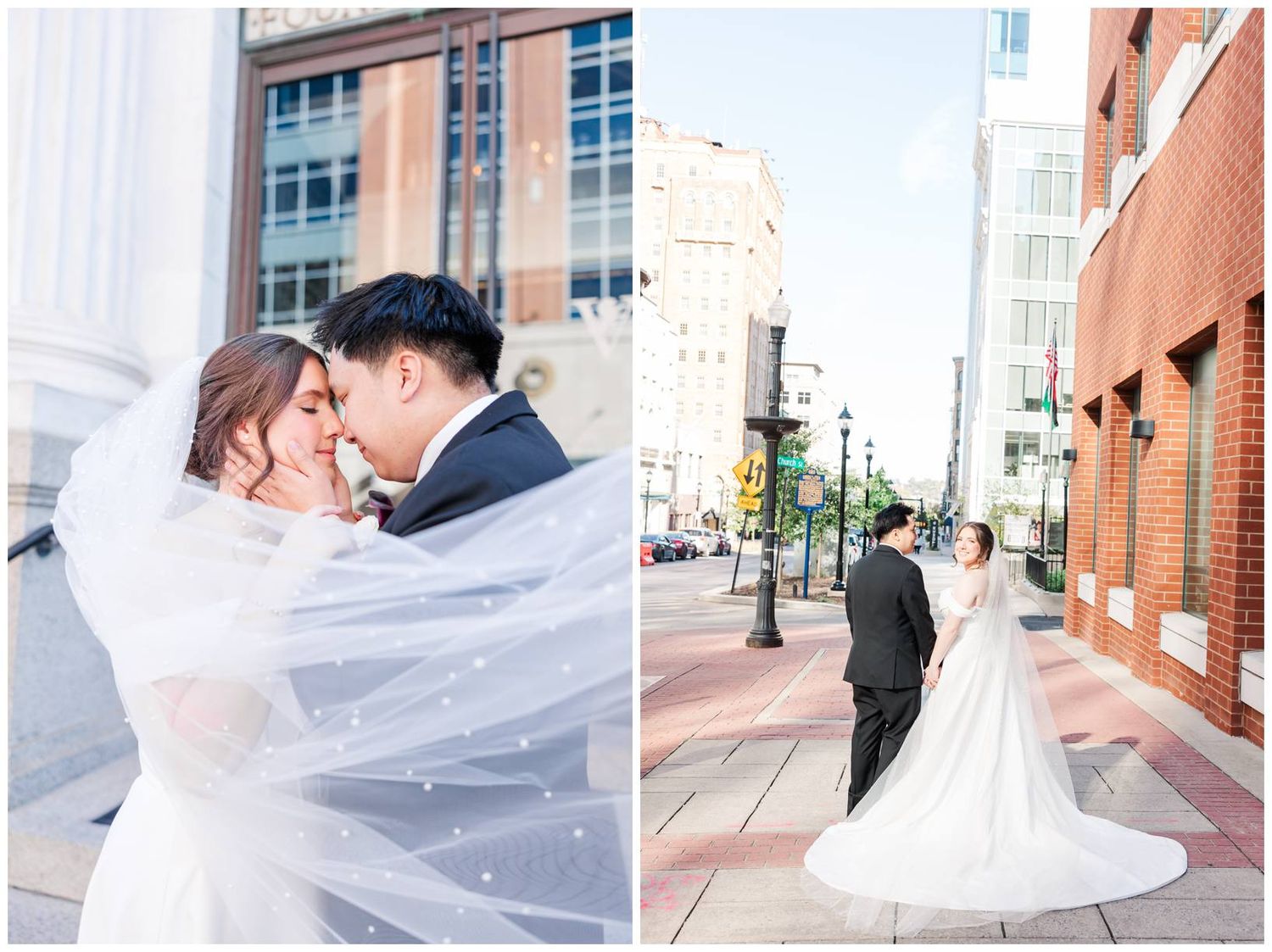 A flowing white wedding veil catches the breeze as a couple walks along a brick building exterior.