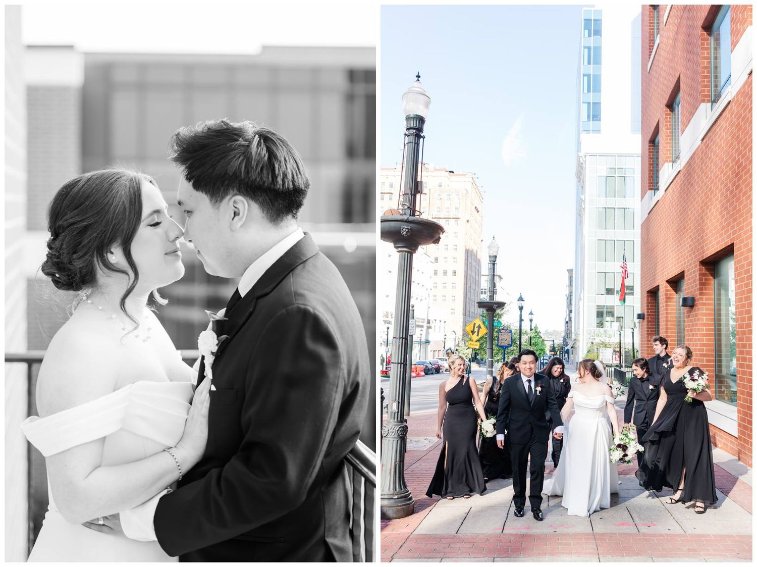 Wedding couple shares romantic moments on city streets and brick buildings in black and white photography.