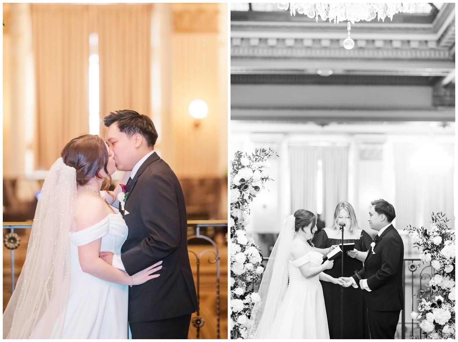 Wedding ceremony moments captured in a series of black and white photographs in an elegant venue.