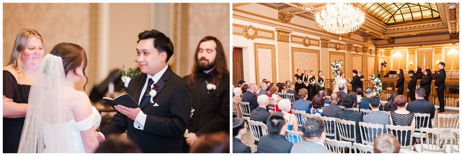 Elegant ballroom wedding reception with crystal chandelier and formal table settings.