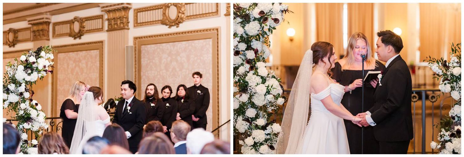 Wedding ceremony moments captured in an ornate ballroom with classic architectural details.