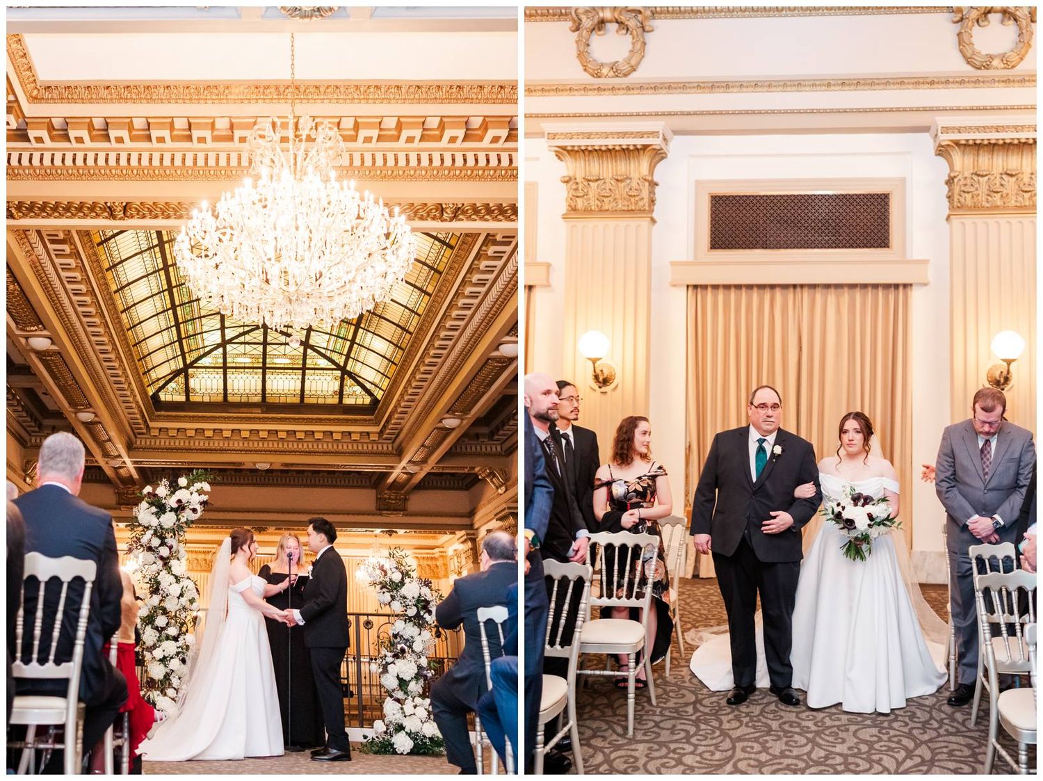 Elegant wedding ceremony setup in an ornate ballroom with gold architectural details and skylight.