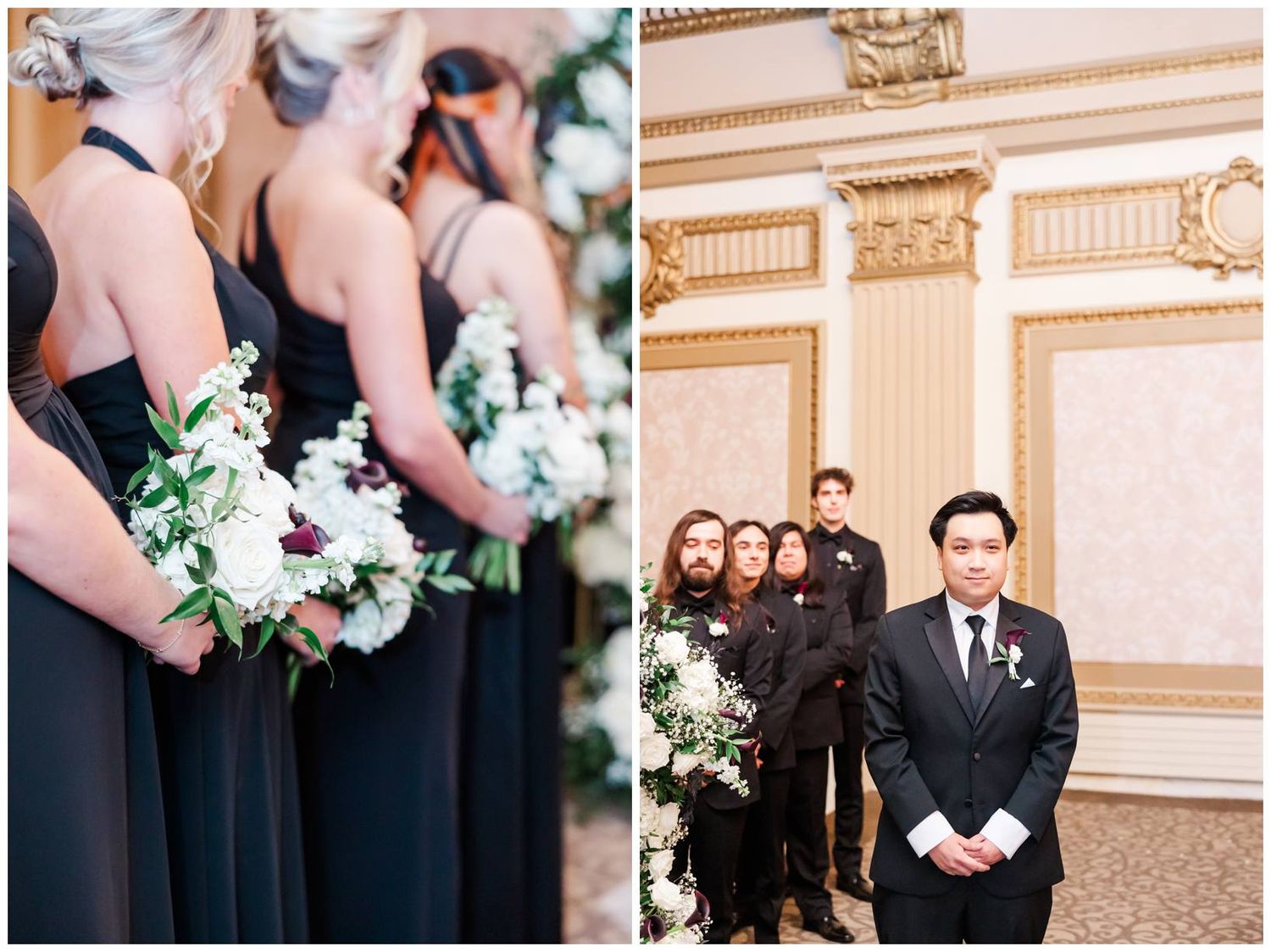 Wedding party poses in formal black and green attire with bouquets in an ornate ballroom setting.