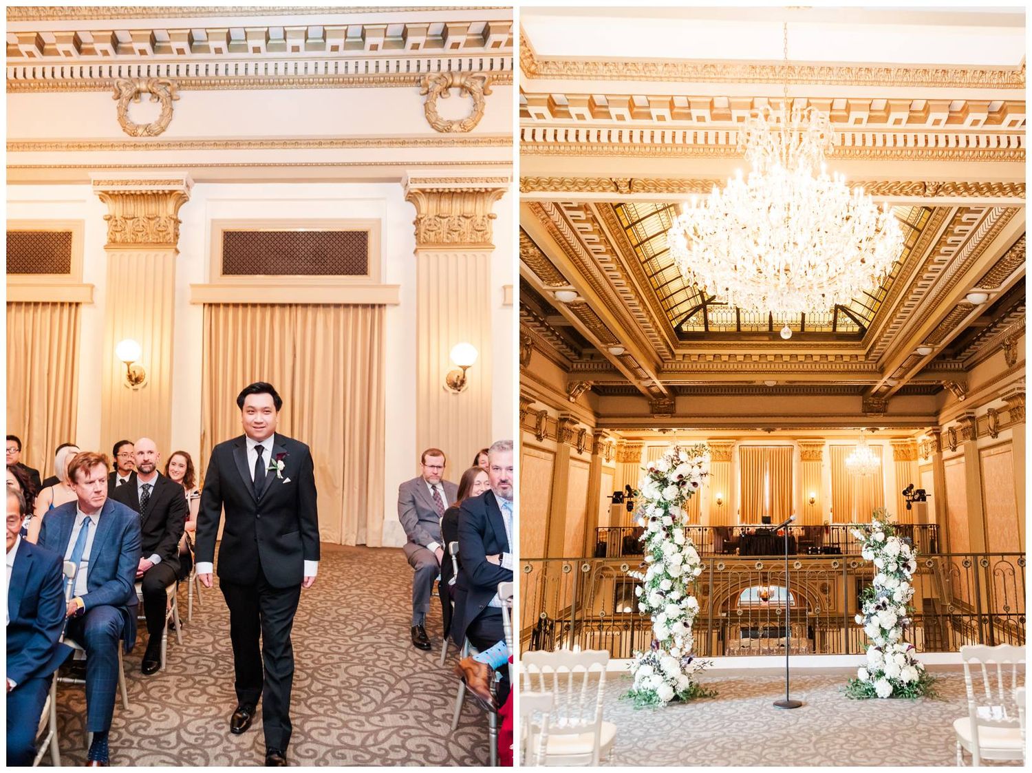 Wedding ceremony setup in ornate ballroom with crystal chandeliers and floral arrangements.