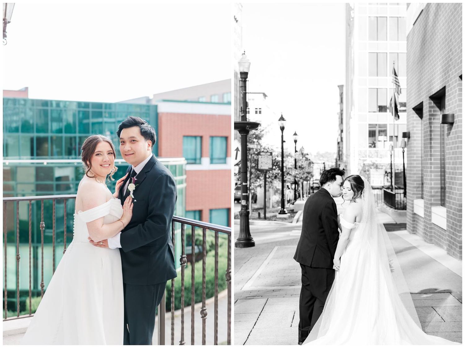 Side-by-side wedding portraits showing couple on balcony and city sidewalk in black and white.
