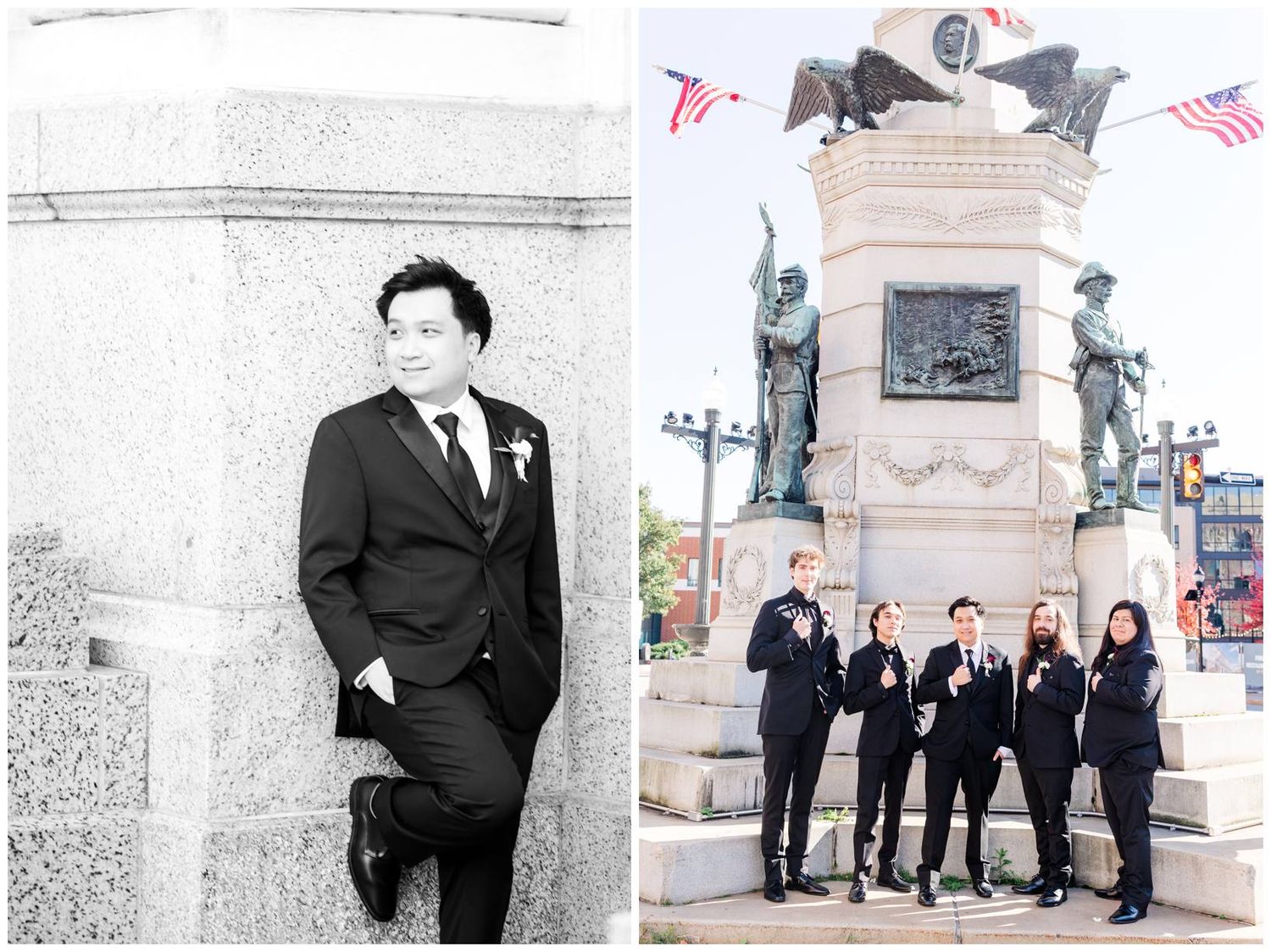 Black and white wedding party photos showing formal group poses outside historic building.