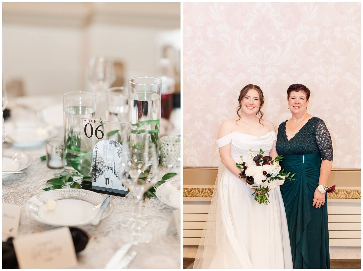 Wedding reception details with floral centerpieces and table settings in a classic ballroom venue.