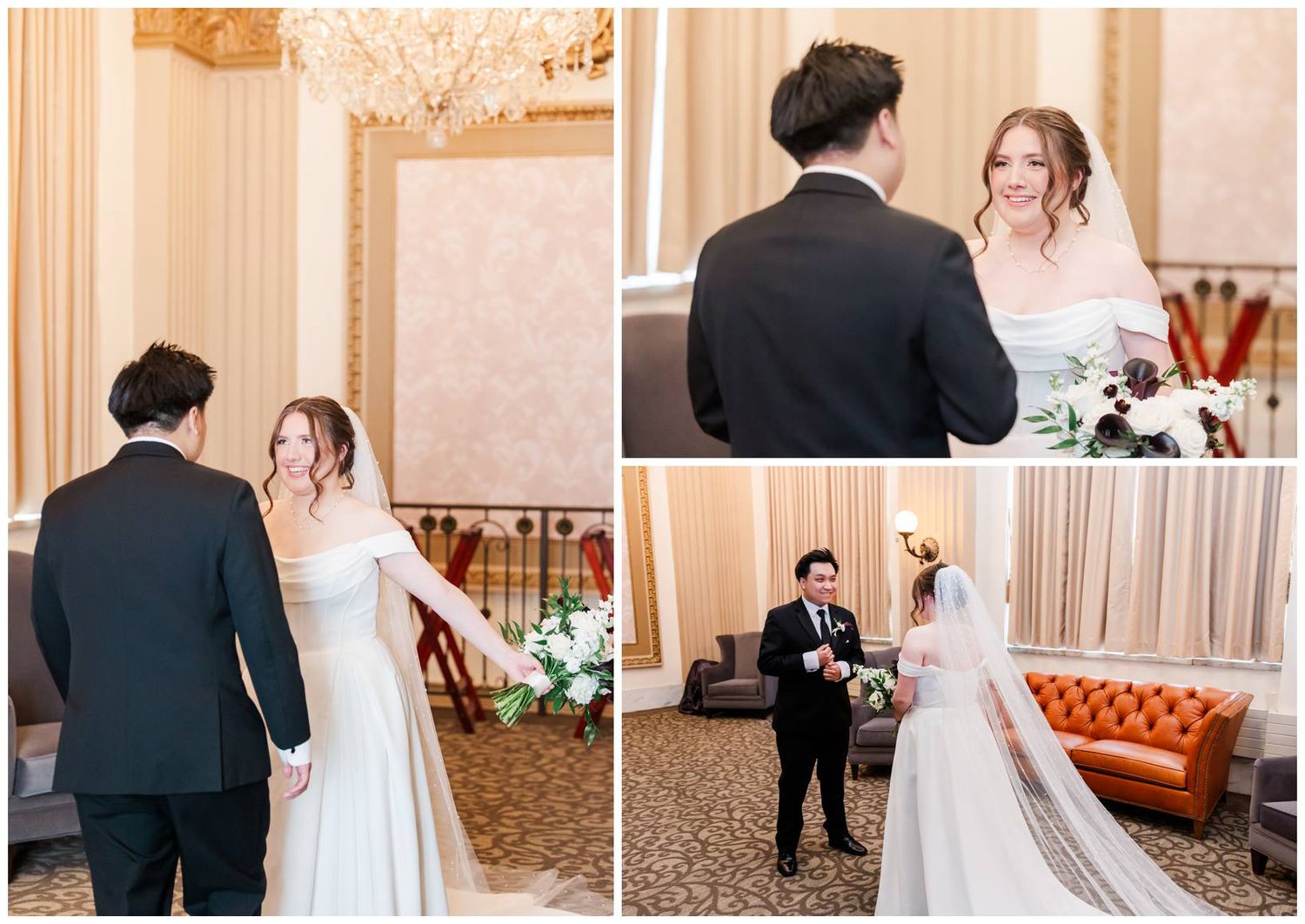 Elegant wedding ceremony moments captured in a grand ballroom with ornate decor and warm lighting.