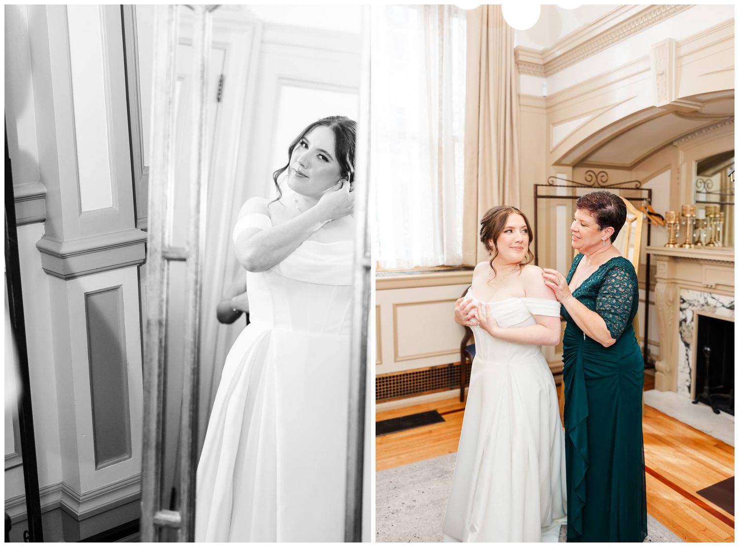 Wedding party members in dark green dresses and formal attire pose together in an elegant venue hallway.
