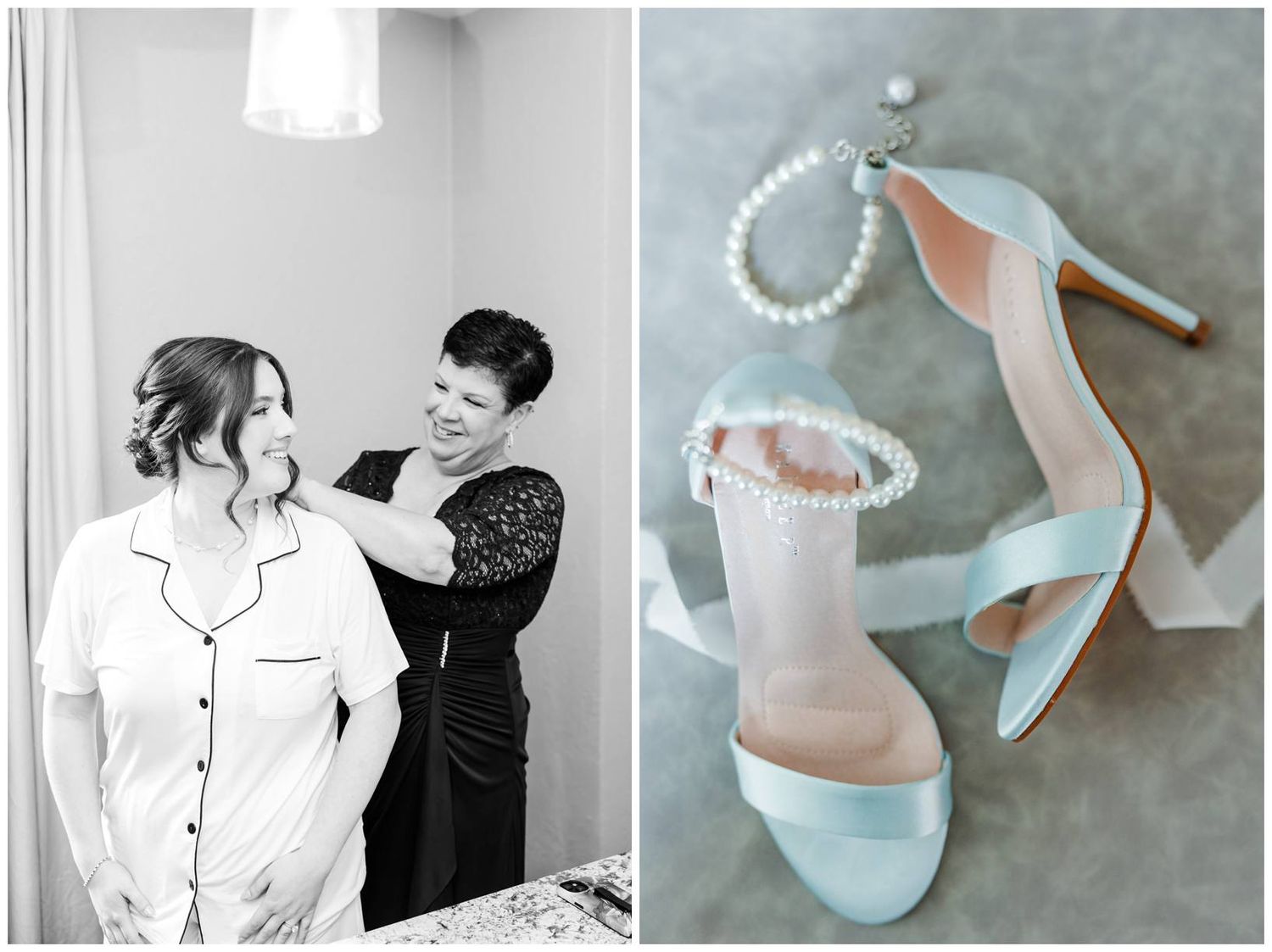 Wedding accessories including blue heels, pearl necklace, and white dress details arranged in an elegant layout.