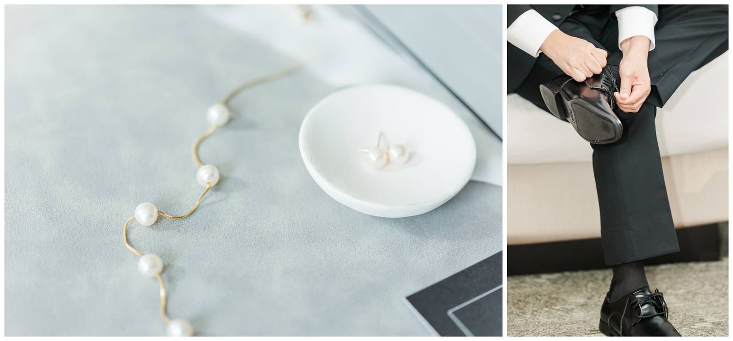 Step by step process showing how to make homemade pasta dough from flour and eggs on a marble surface.