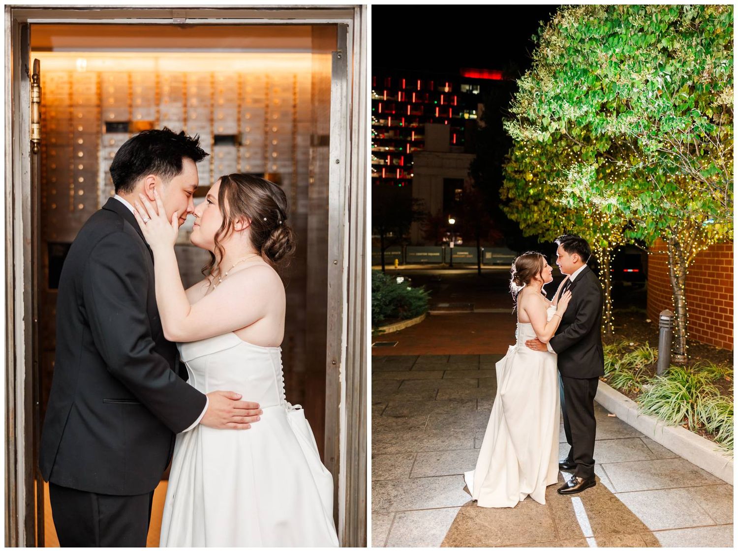 Romantic evening outdoor wedding photos with string lights creating a warm ambiance.