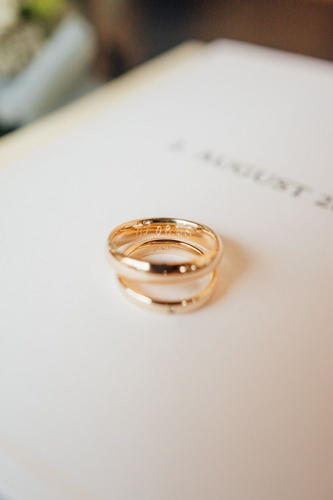 Rose gold wedding rings arranged in a sequence on white paper.