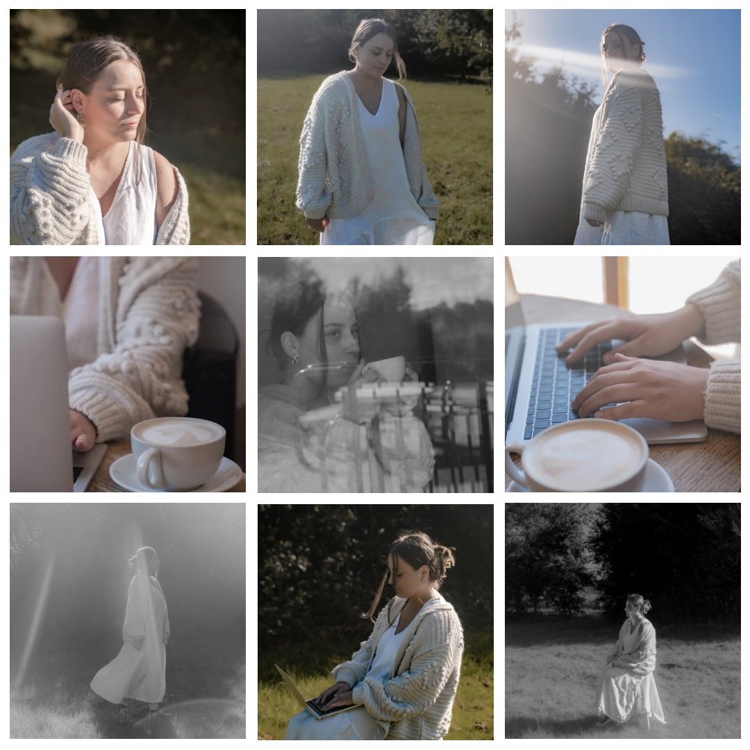 A series of soft, ethereal wedding photography shots showing romantic moments and delicate dress details in natural light.
