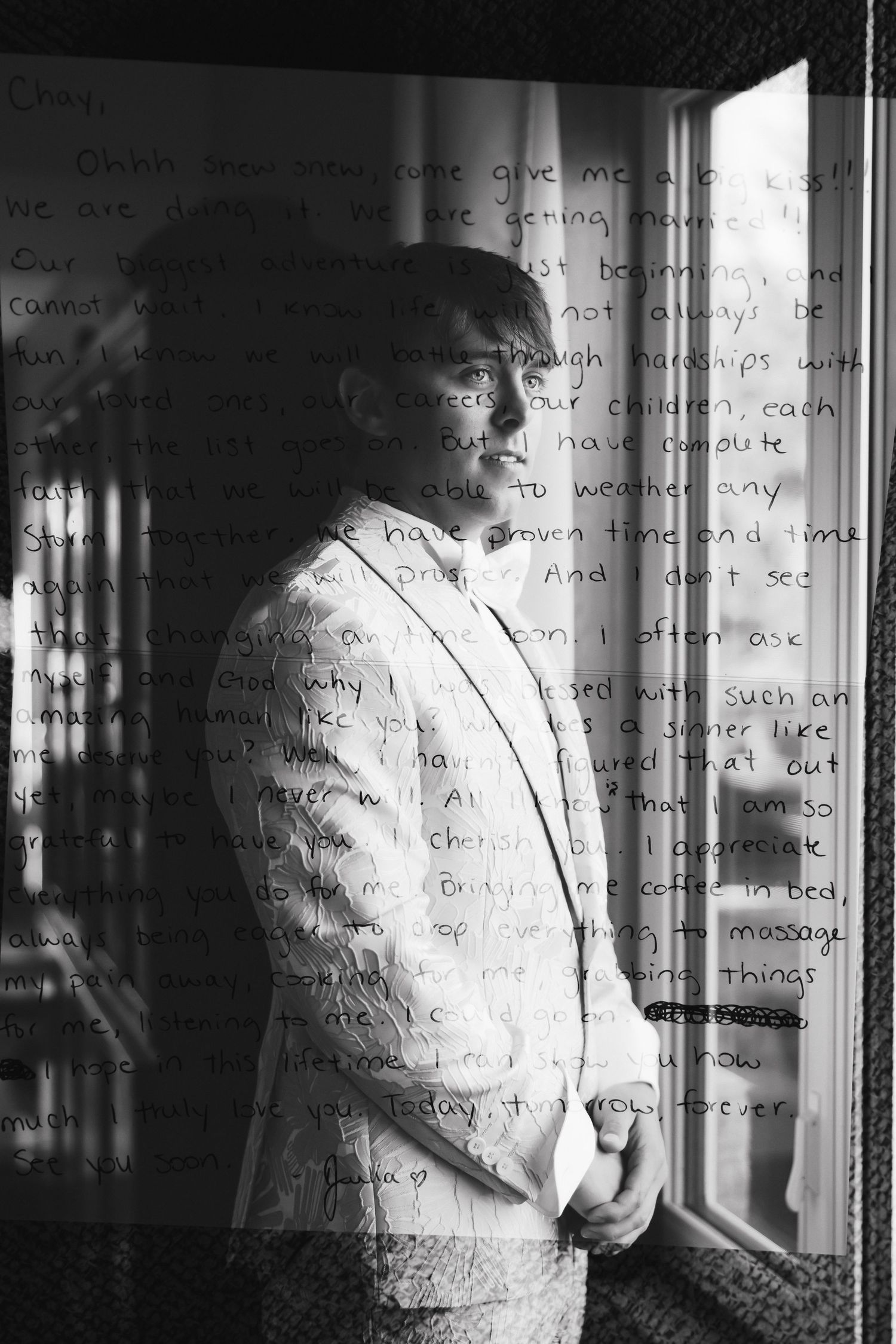 Black and white artistic triptych showing reflective silhouettes in window glass with handwritten text overlay.