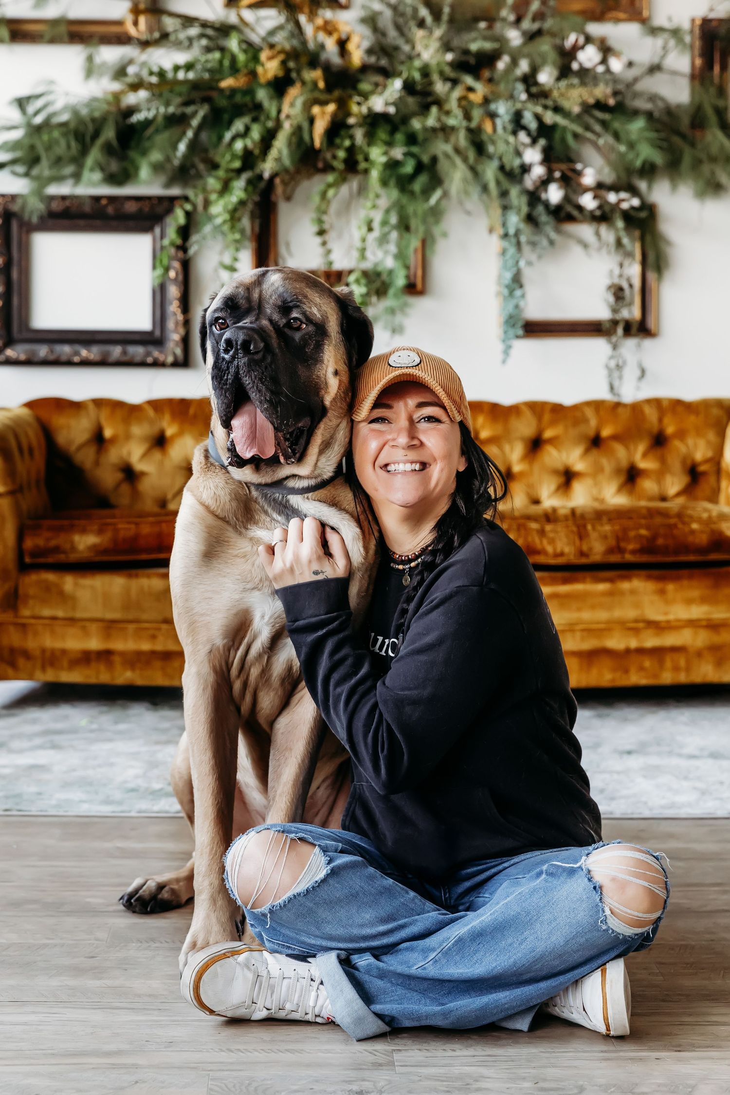 Interior photo session with dogs on plush carpet against tufted velvet couch.