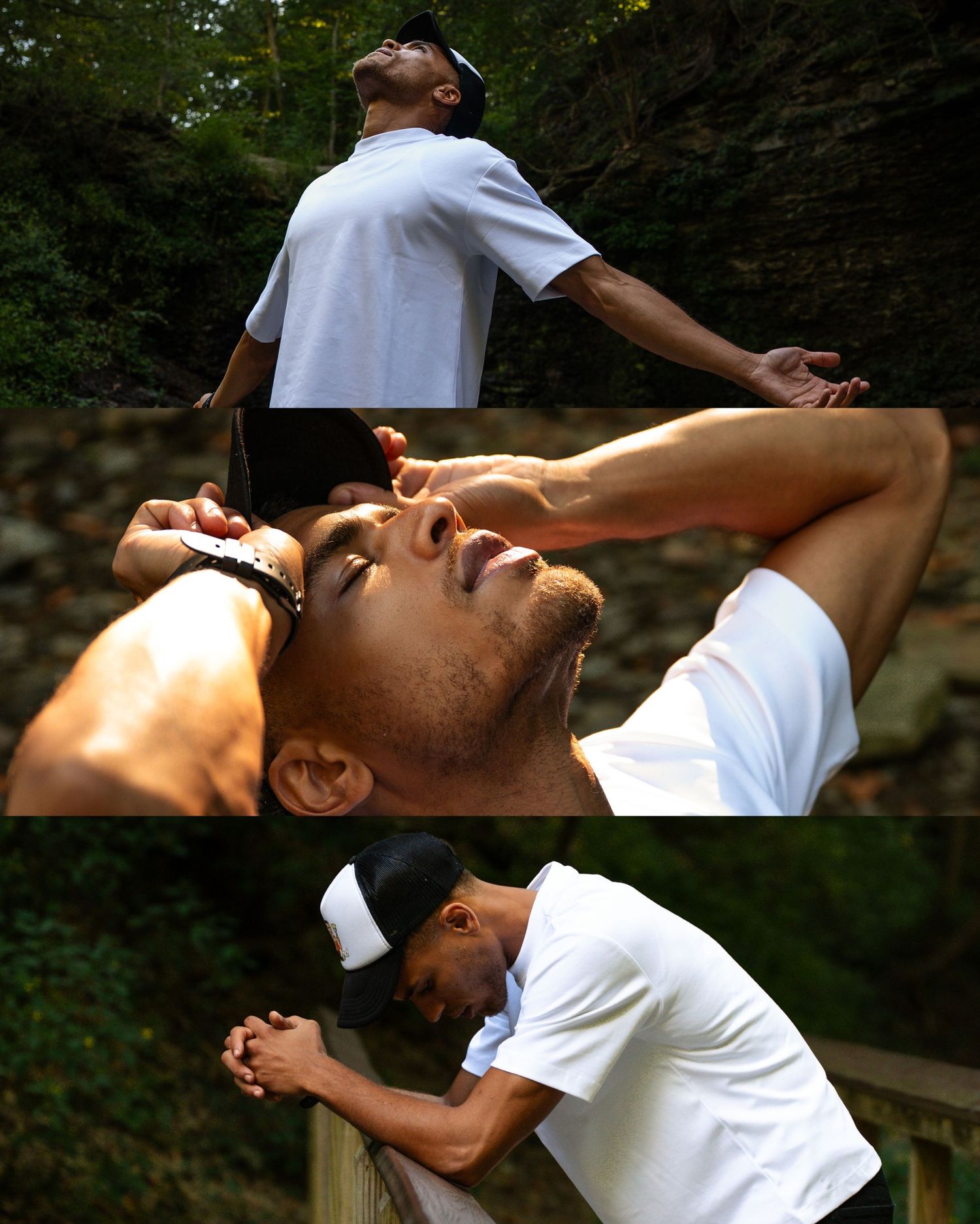 Two people in white shirts embrace in a dramatic dance pose outdoors with dappled sunlight filtering through trees.