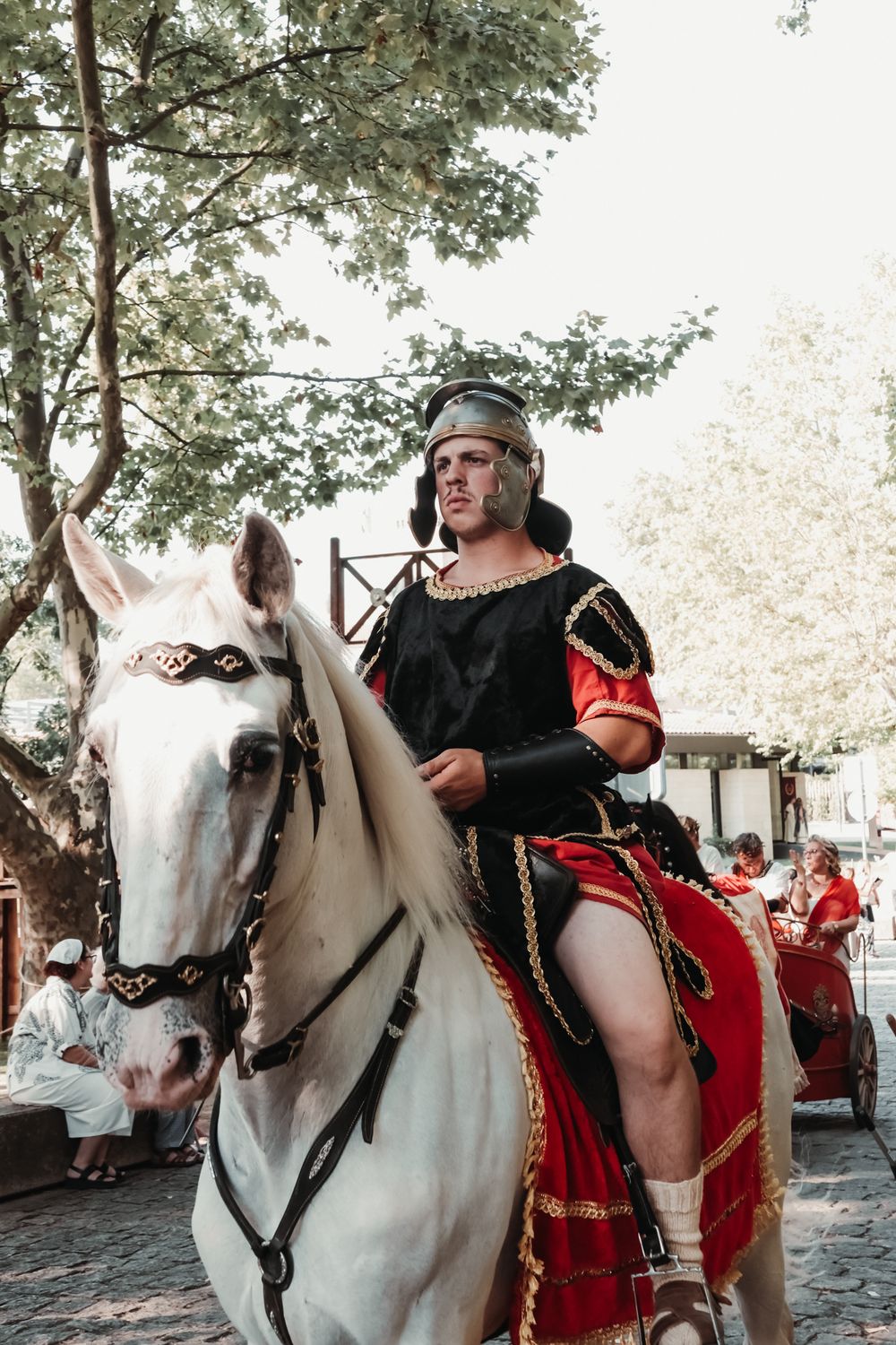 Medieval costumed riders on decorated white horses at a renaissance fair.