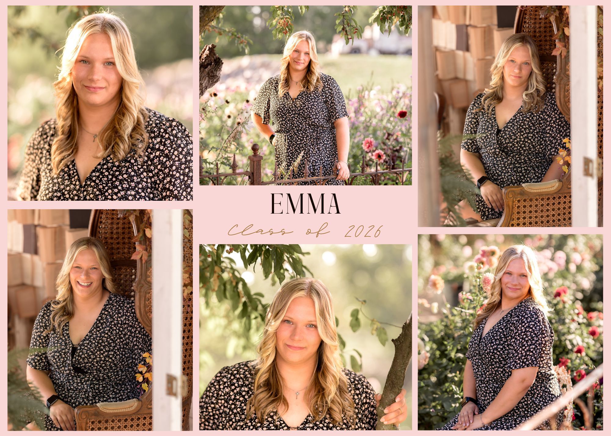 Woman in polka dot dress poses for a series of lifestyle portraits in warm natural lighting.