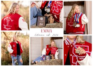 Senior photo collage with red and white varsity theme and rustic elements.
