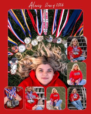 Sports themed photo collage with red background and varsity letter styling.