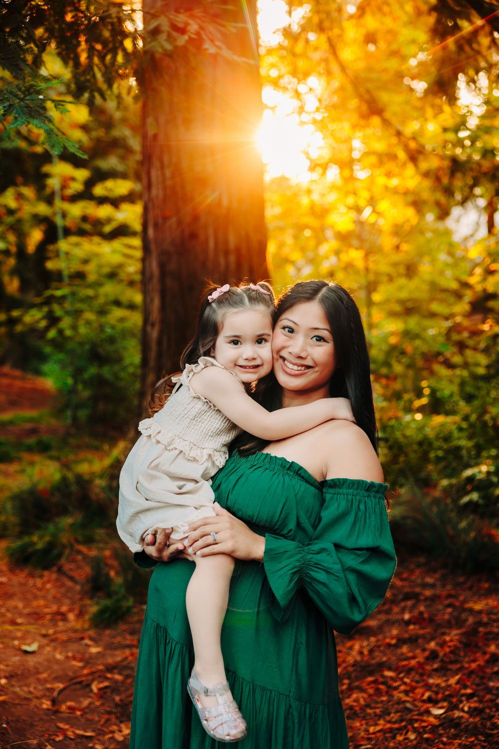 Warm autumn sunset glows through trees with fallen orange leaves creating a magical forest atmosphere.
