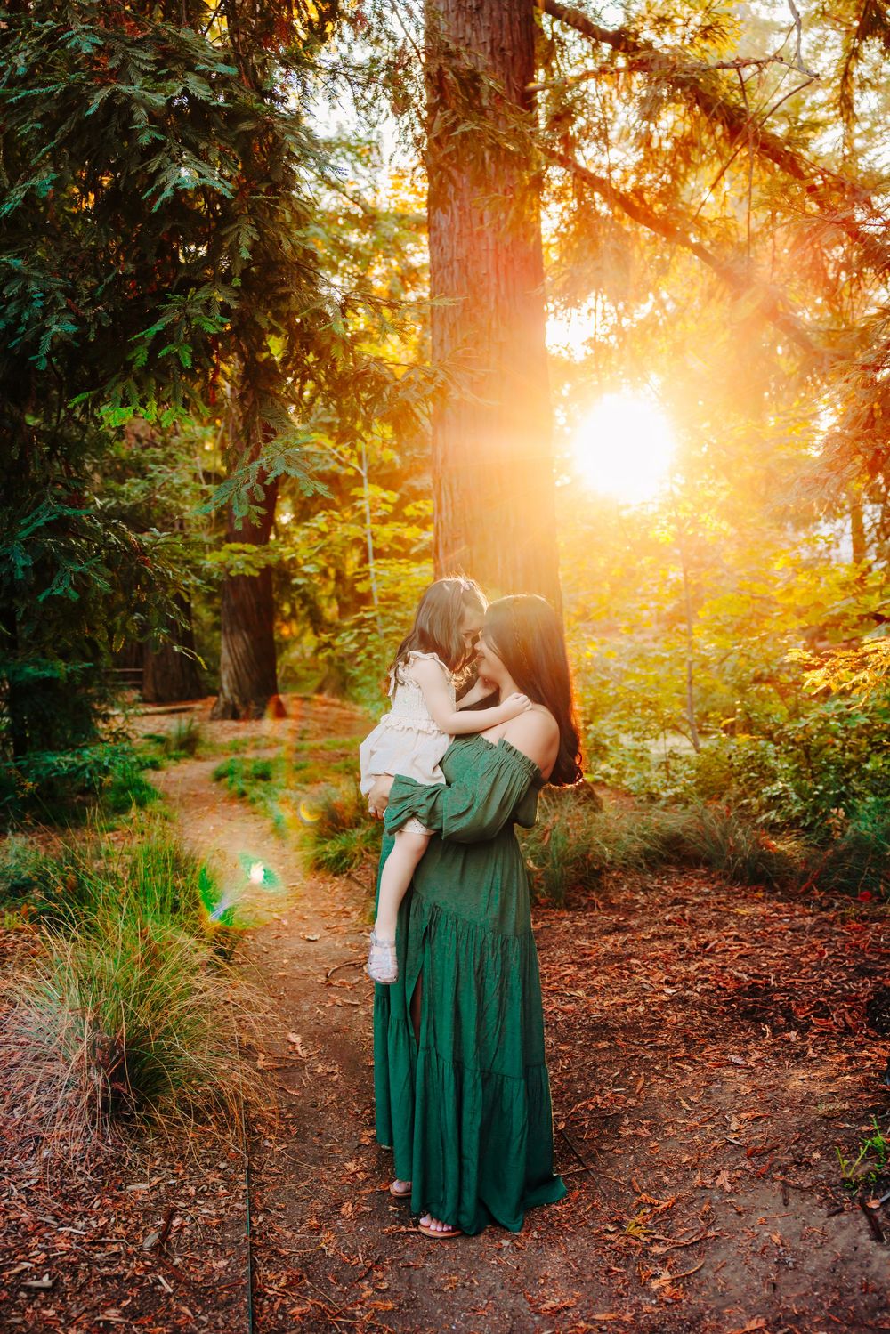 A couple embraces in a sunlit forest path covered with autumn leaves and tall trees.
