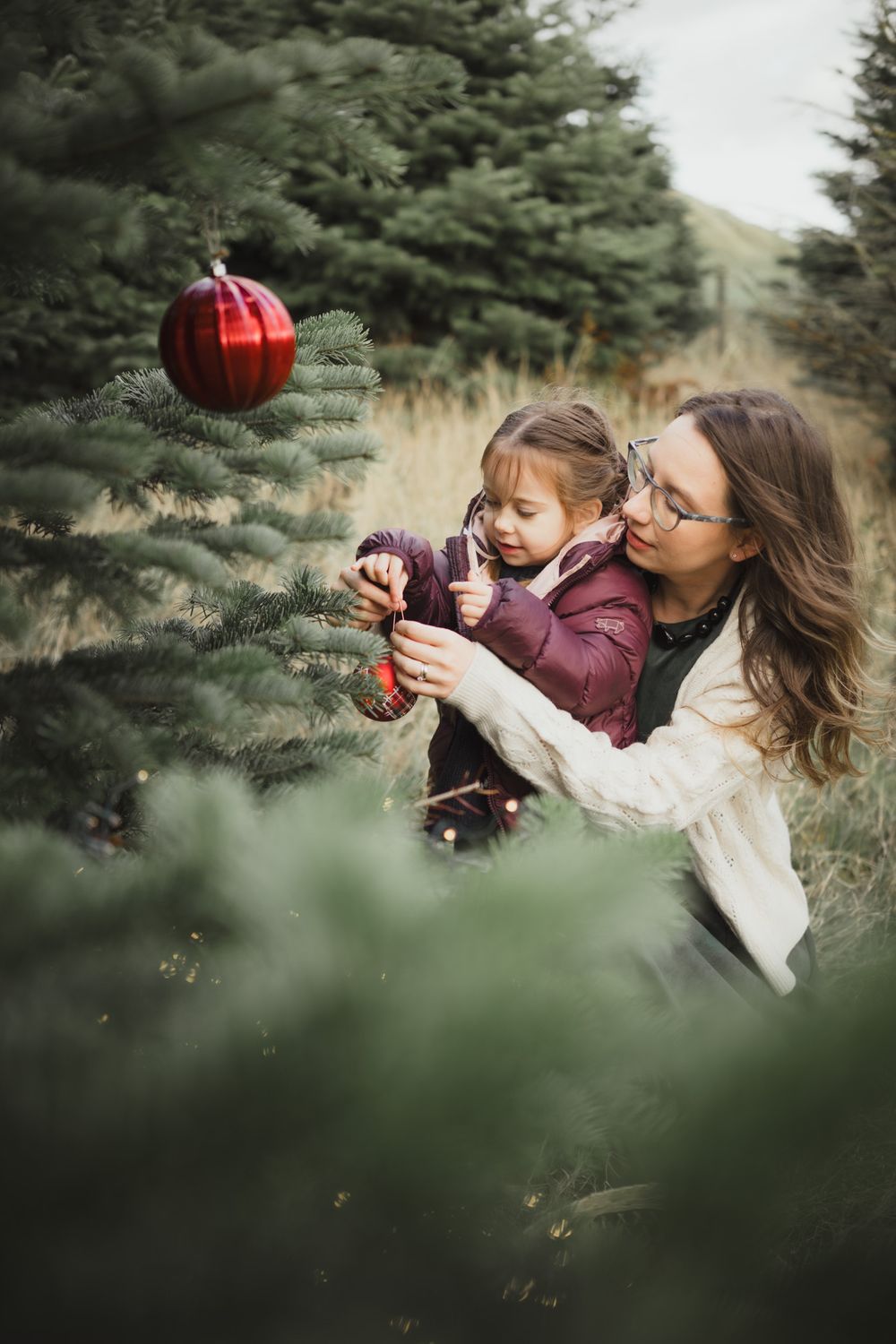 Family members hanging red ornaments on evergreen branches together during holiday decorating outdoors.