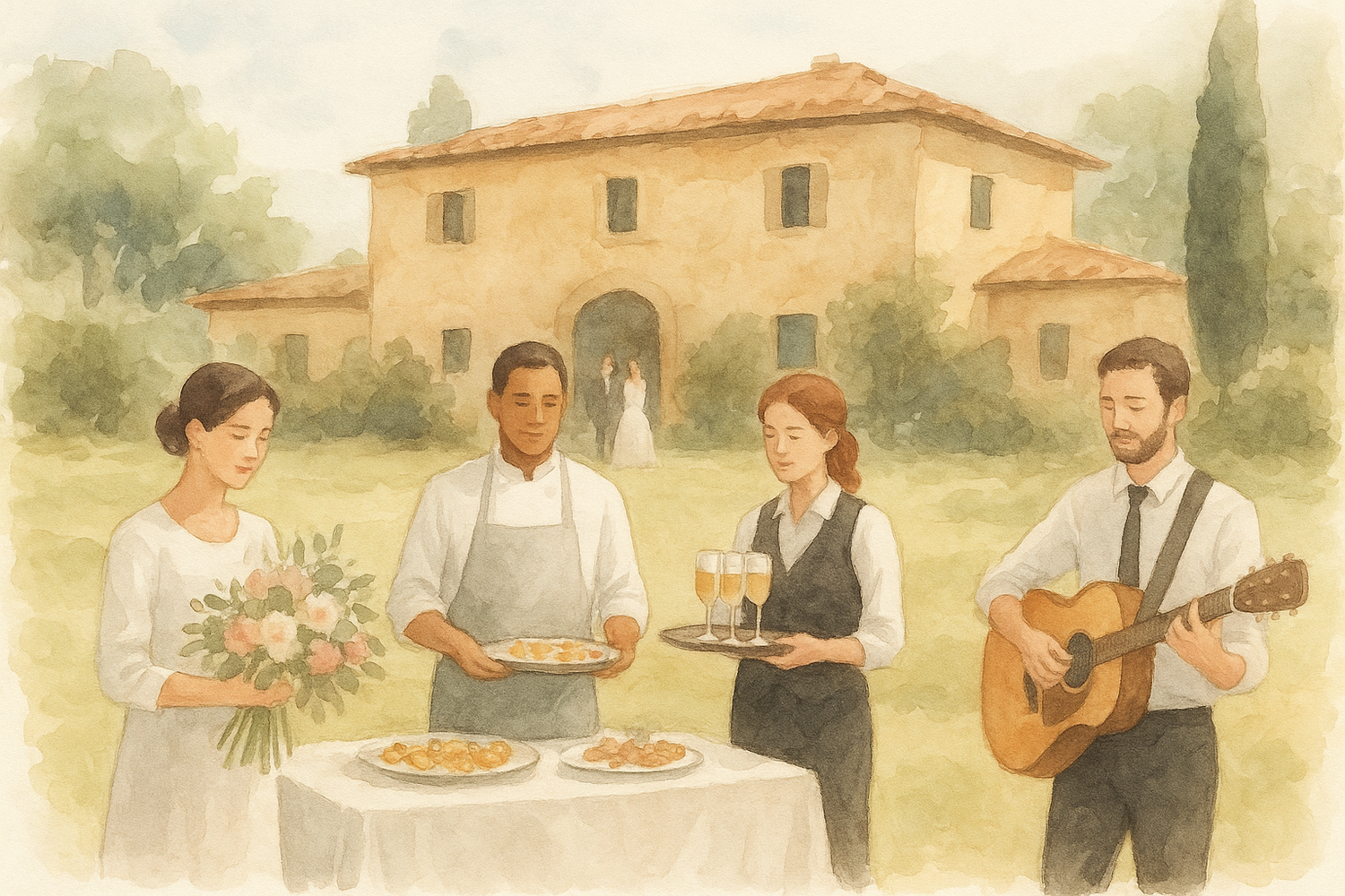 A watercolor illustration shows someone reading and writing in a peaceful Tuscan countryside setting with cypress trees.