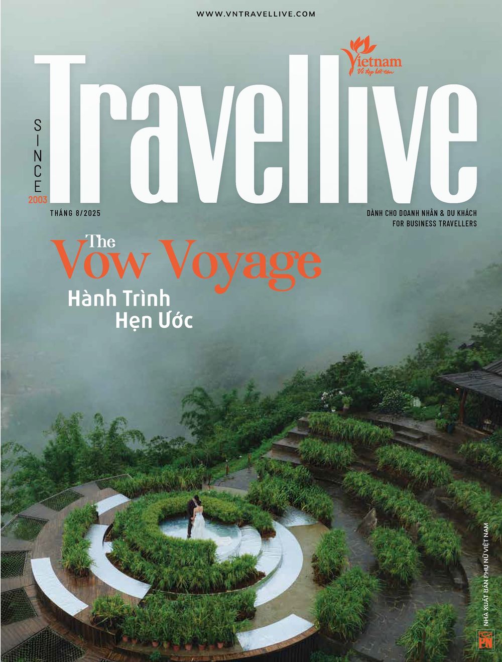 Travellive magazine cover featuring The Vow Voyage wedding story with aerial view of lush green rice terraces in Vietnam.