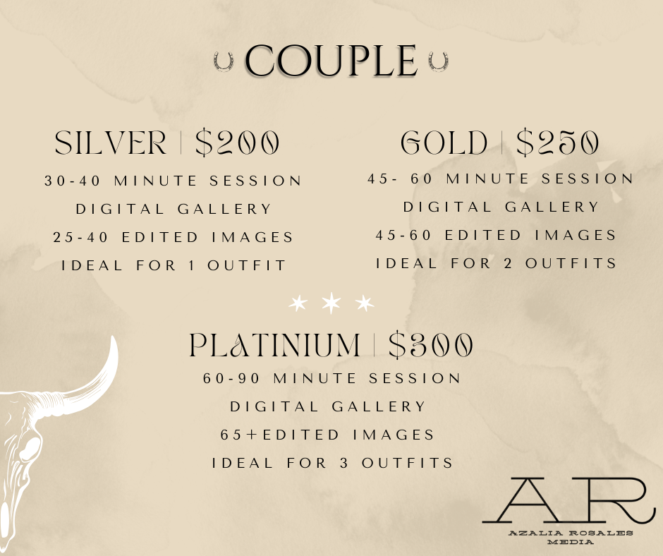 Couple photography pricing menu showing Silver $200, Gold $250, and Platinum $300 session packages.
