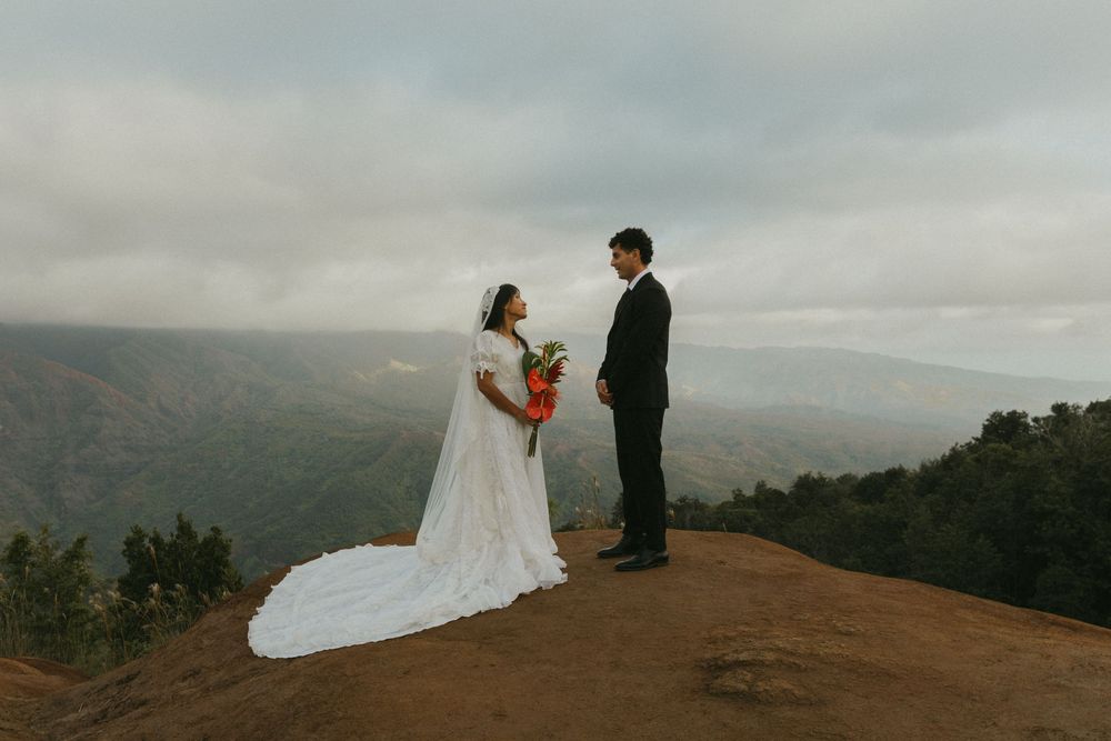 A couple in wedding attire stands on a scenic mountain overlook during their mountaintop ceremony.