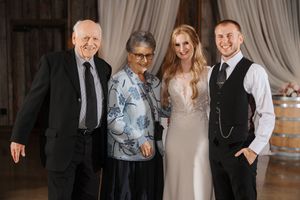 A series of formal event photos showing guests posing together against an elegant backdrop at a celebration.