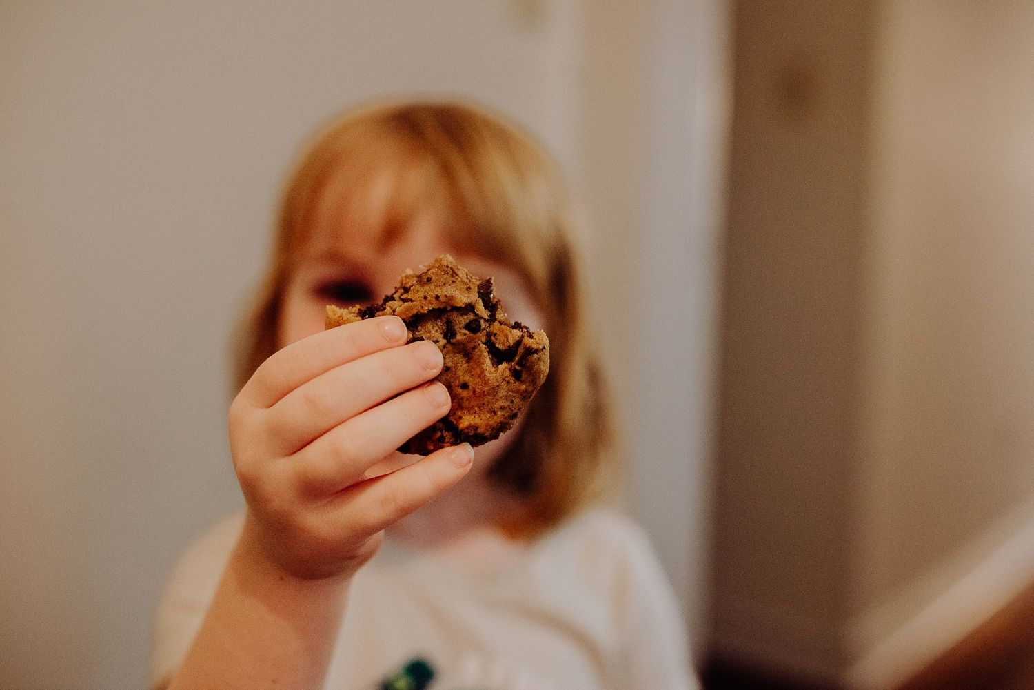 A person holds up a chocolate chip cookie with both hands against a soft blurred background.