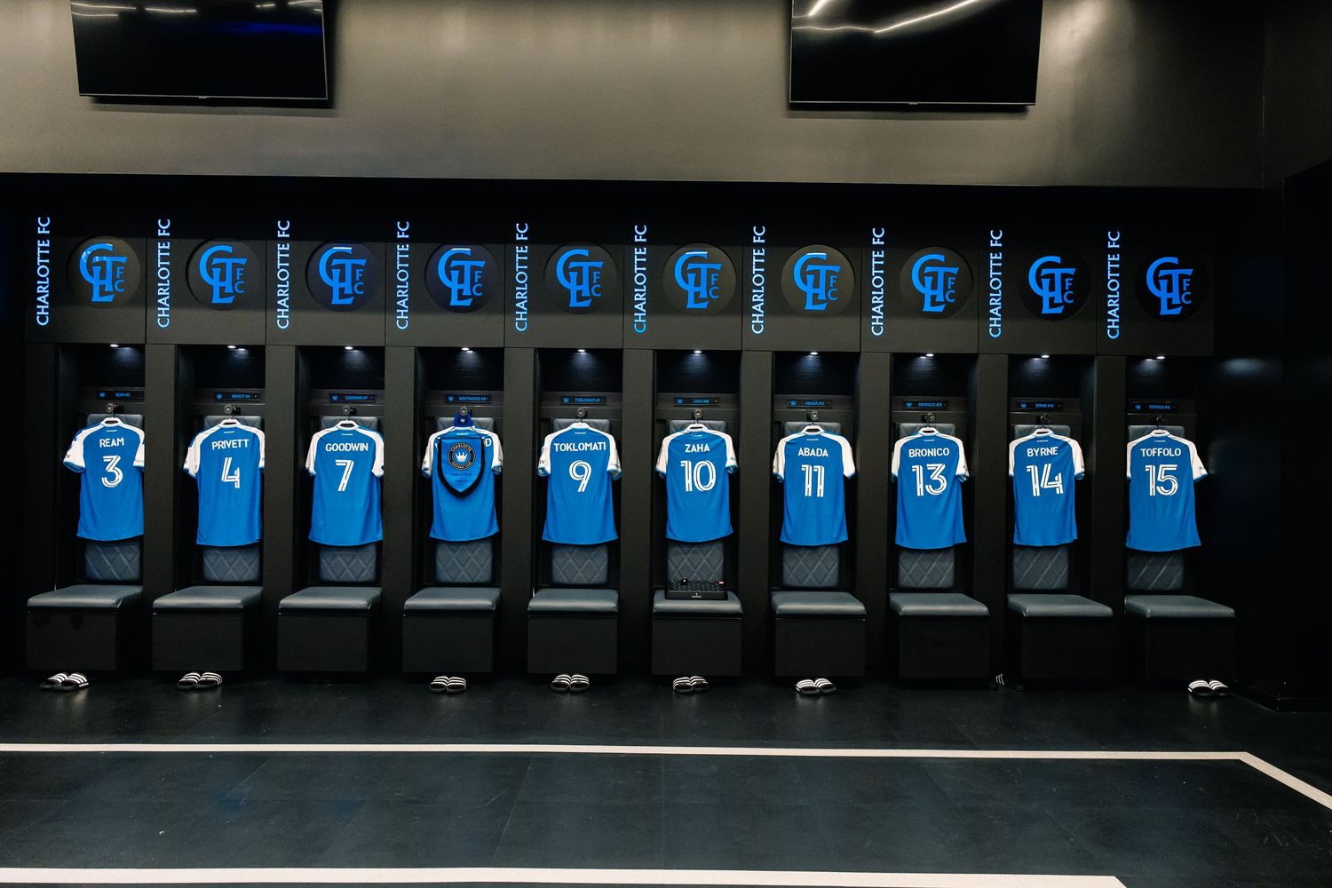 Charlotte FC locker room with numbered blue home jerseys hanging in stalls before a match.