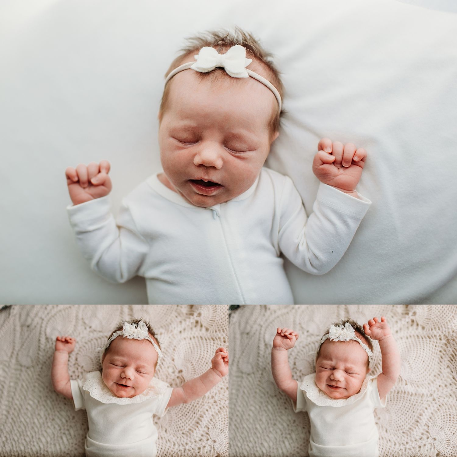 Sleeping newborn baby in white onesie lying on textured blanket with bow headband and stretched out arms.