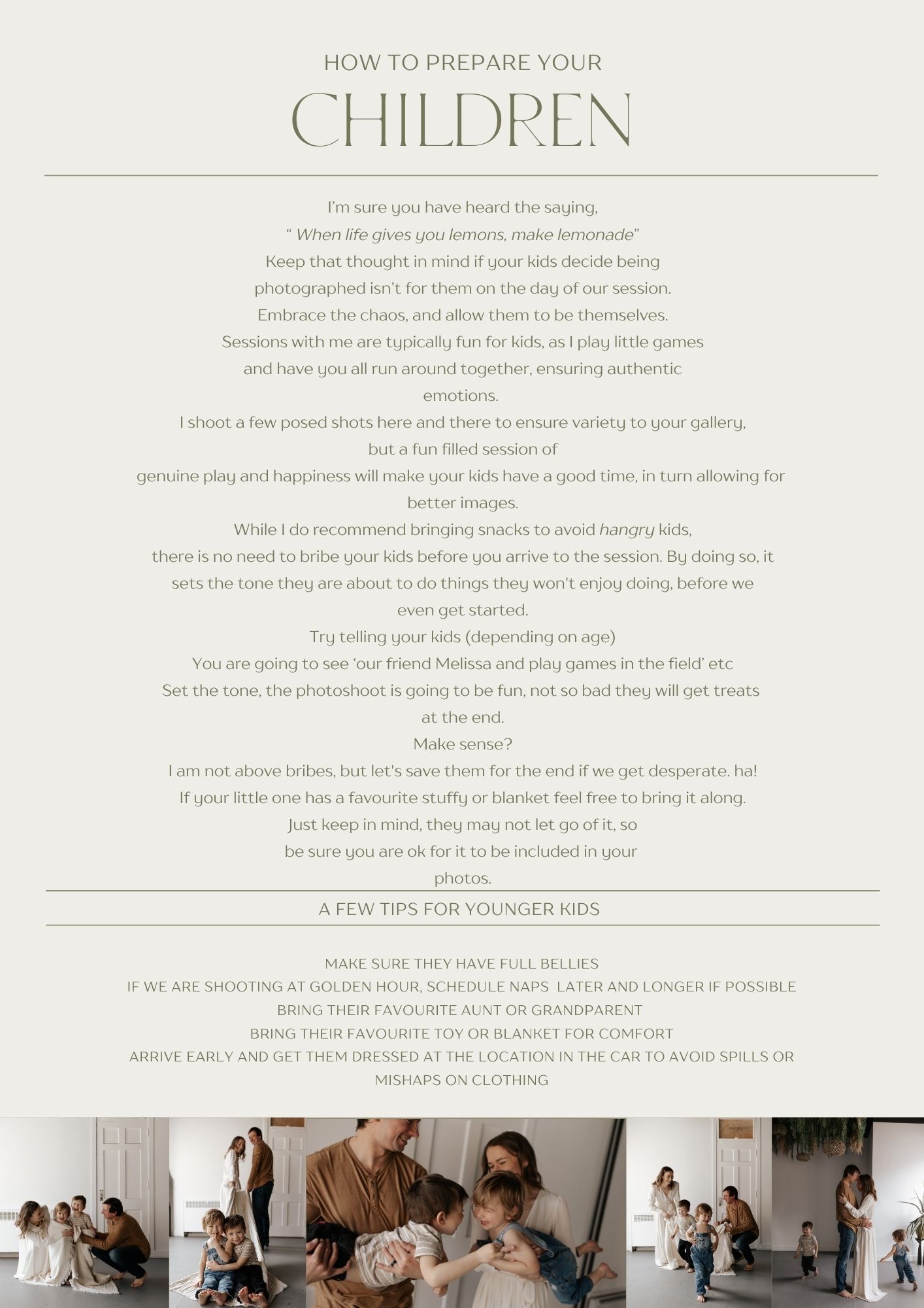Black and white text layout showing wedding photography tips and guidelines for capturing children at events.