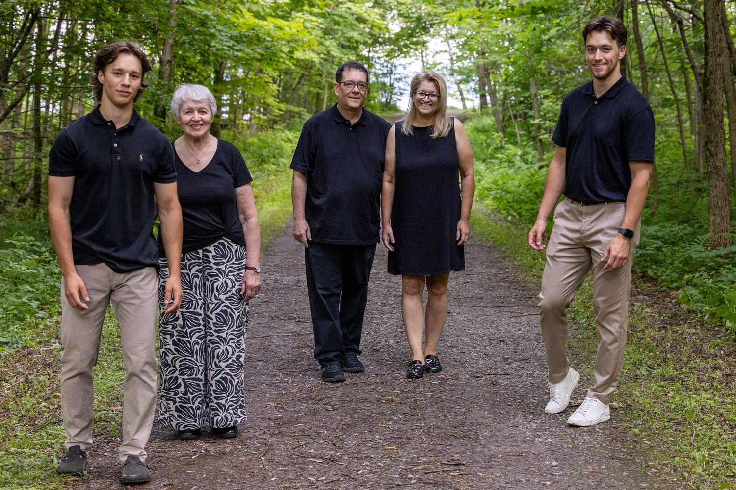 Group walking together on a tree-lined path in casual attire.