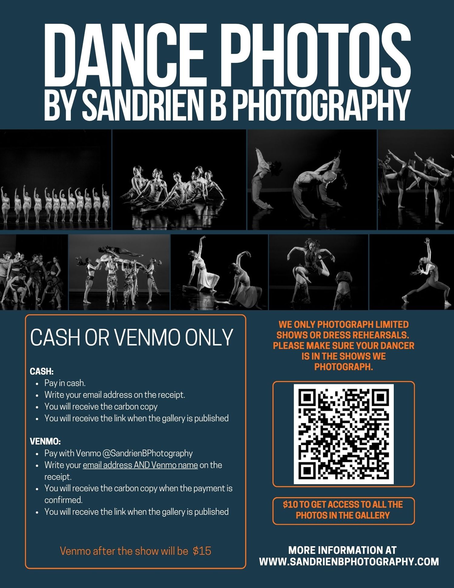 A collage of dance photography promotional banners featuring silhouettes of dancers and QR codes on a dark background.