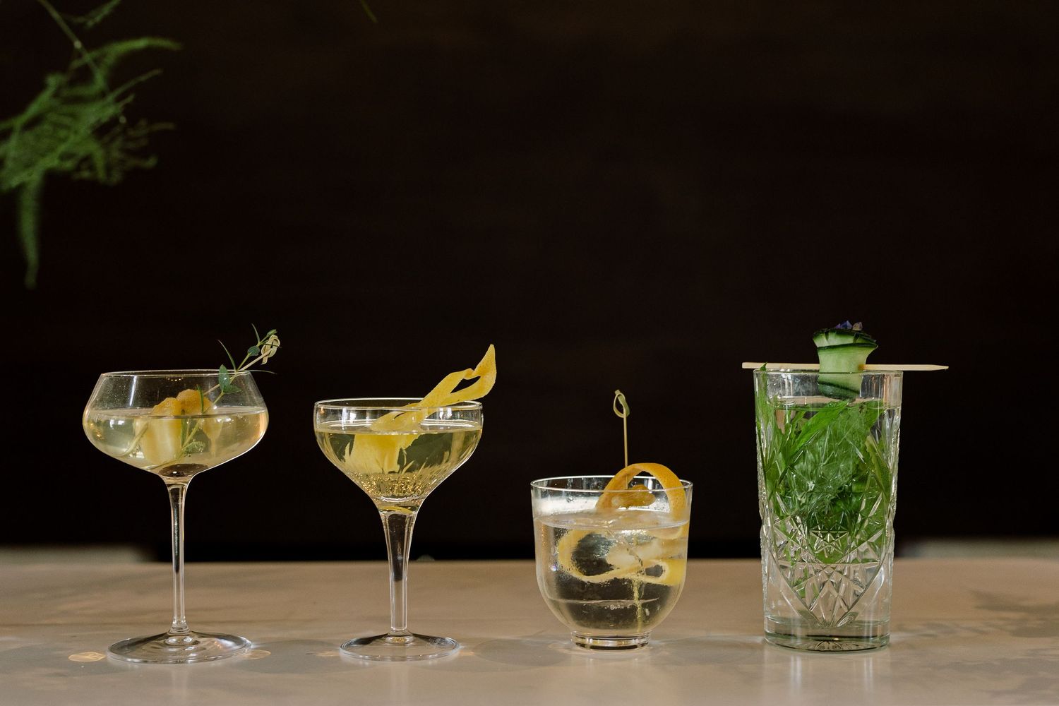Various elegant cocktail glasses filled with mixed drinks and garnishes sit arranged on a dark surface.