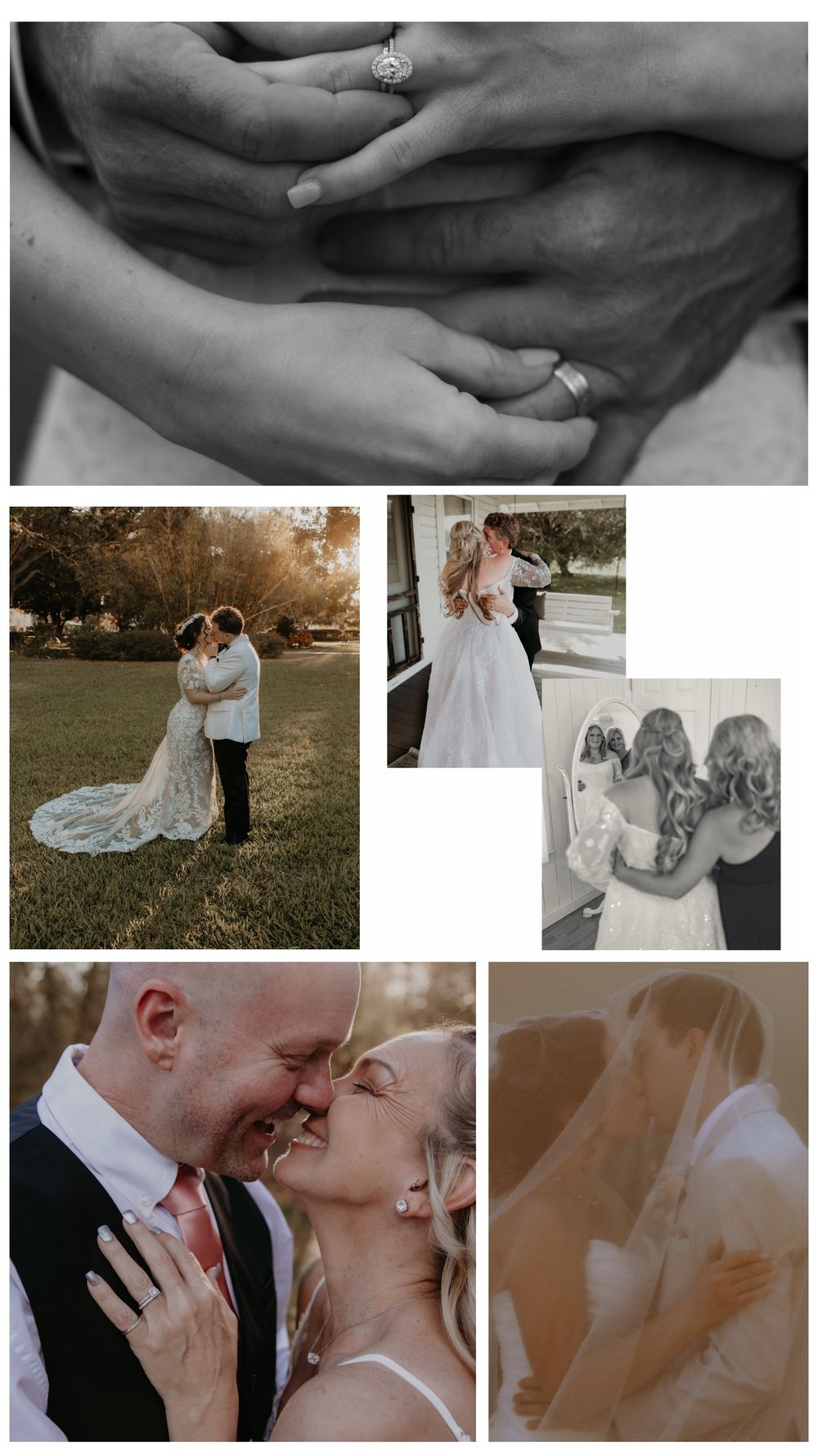 A wedding photo collage featuring close-up rings, couple kissing outdoors, bride with bridesmaid, and romantic veil portrait.