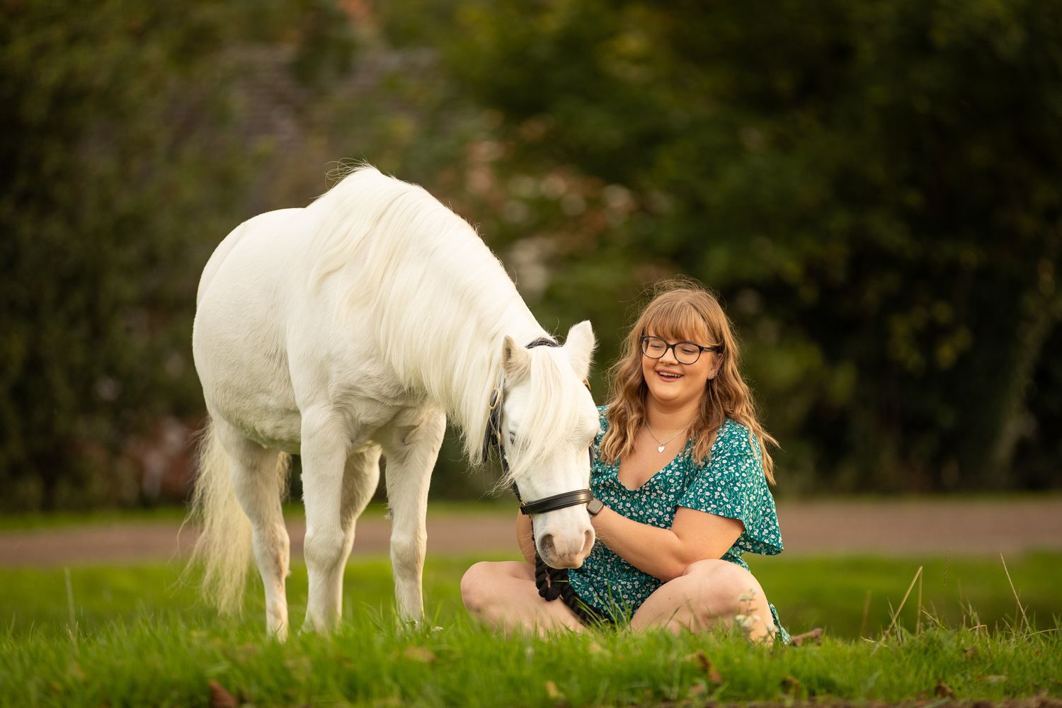A group poses with horses along a tree-lined path during a sunny autumn day for outdoor photos.