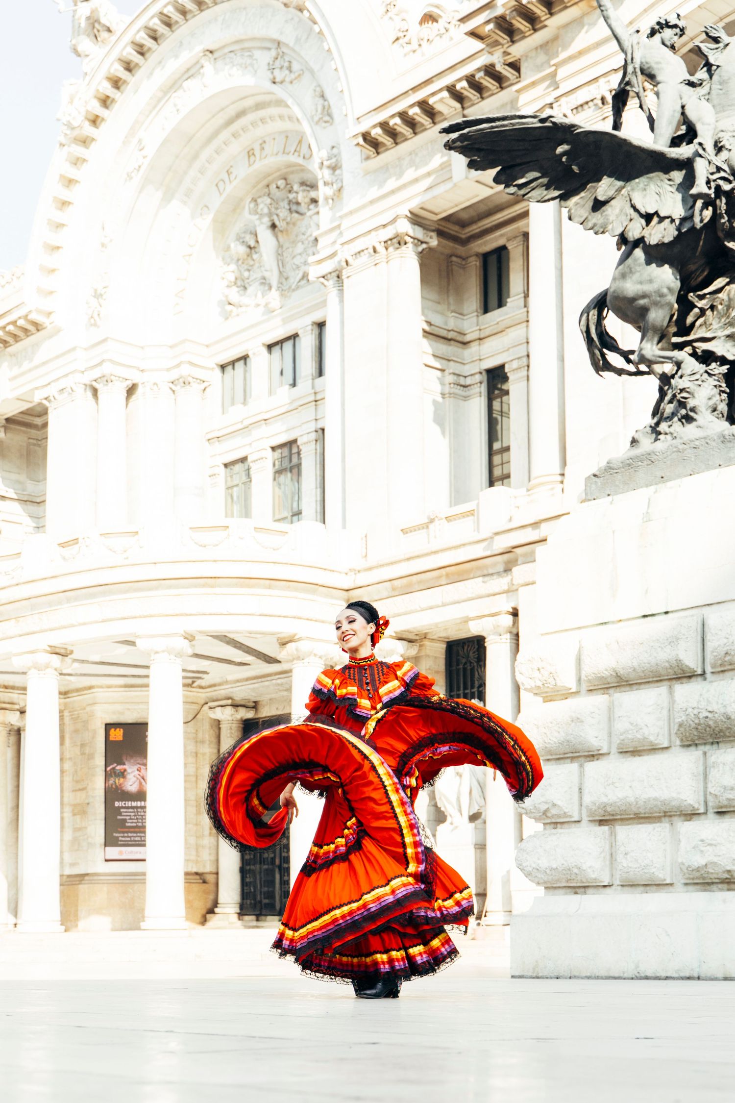 Traditional Ballet Folklórico dance photographed in front of Palacio de Bellas Artes in Mexico City