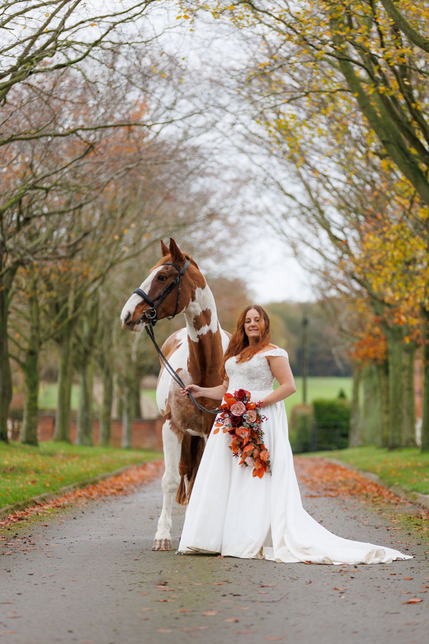 A person in a flowing red gown poses with a majestic black horse in an autumn forest setting.