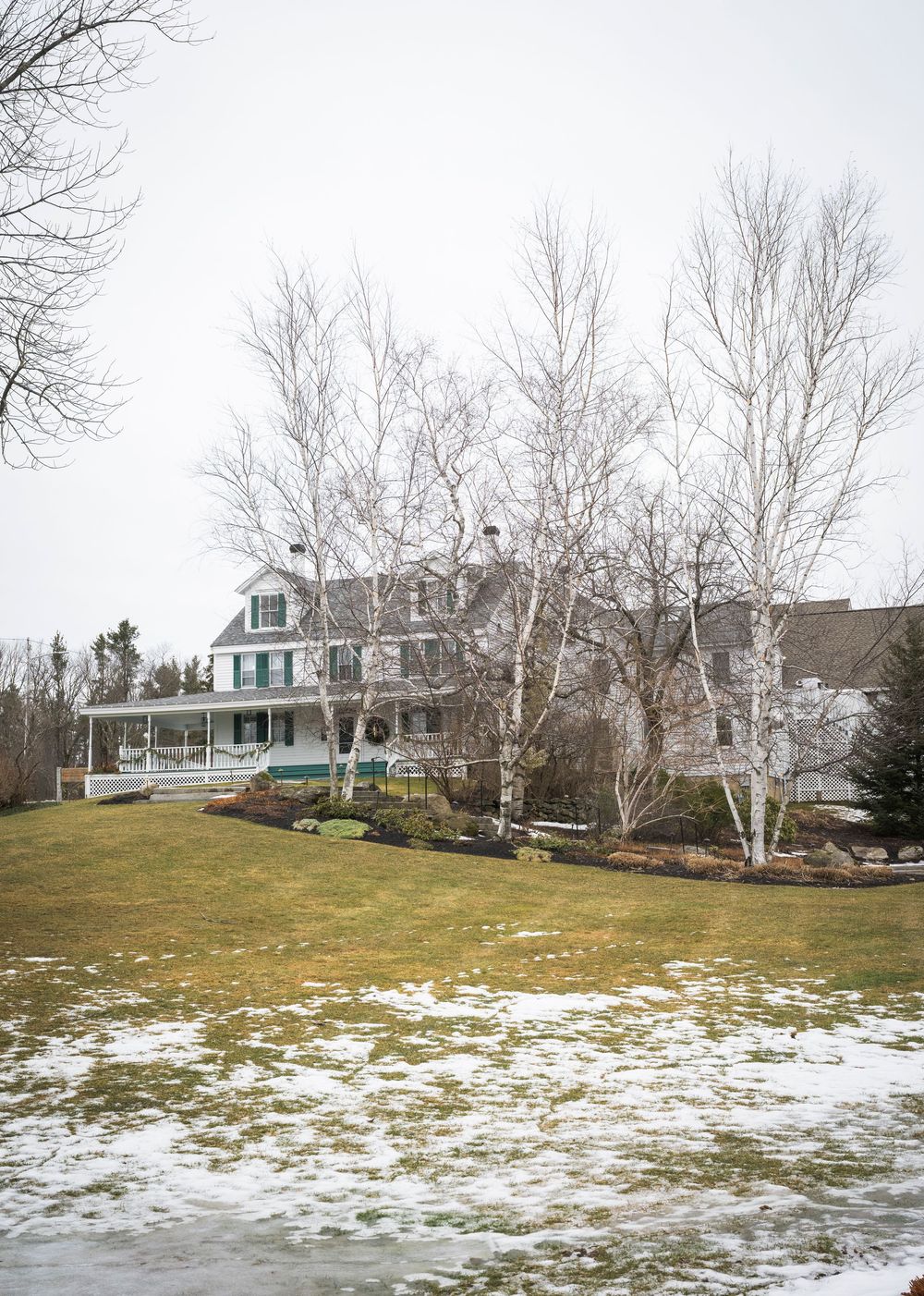 Snow-covered rural property with white ranch houses and bare birch trees in winter landscape.