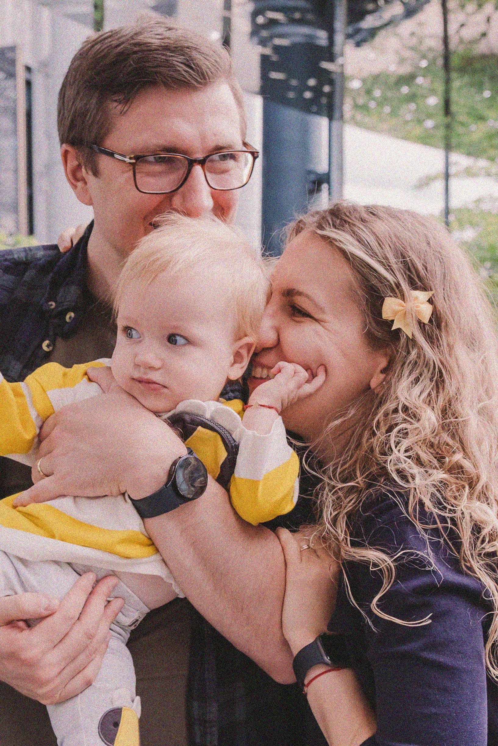 Sweet candid moments captured in a sequence of connected photos outdoors.