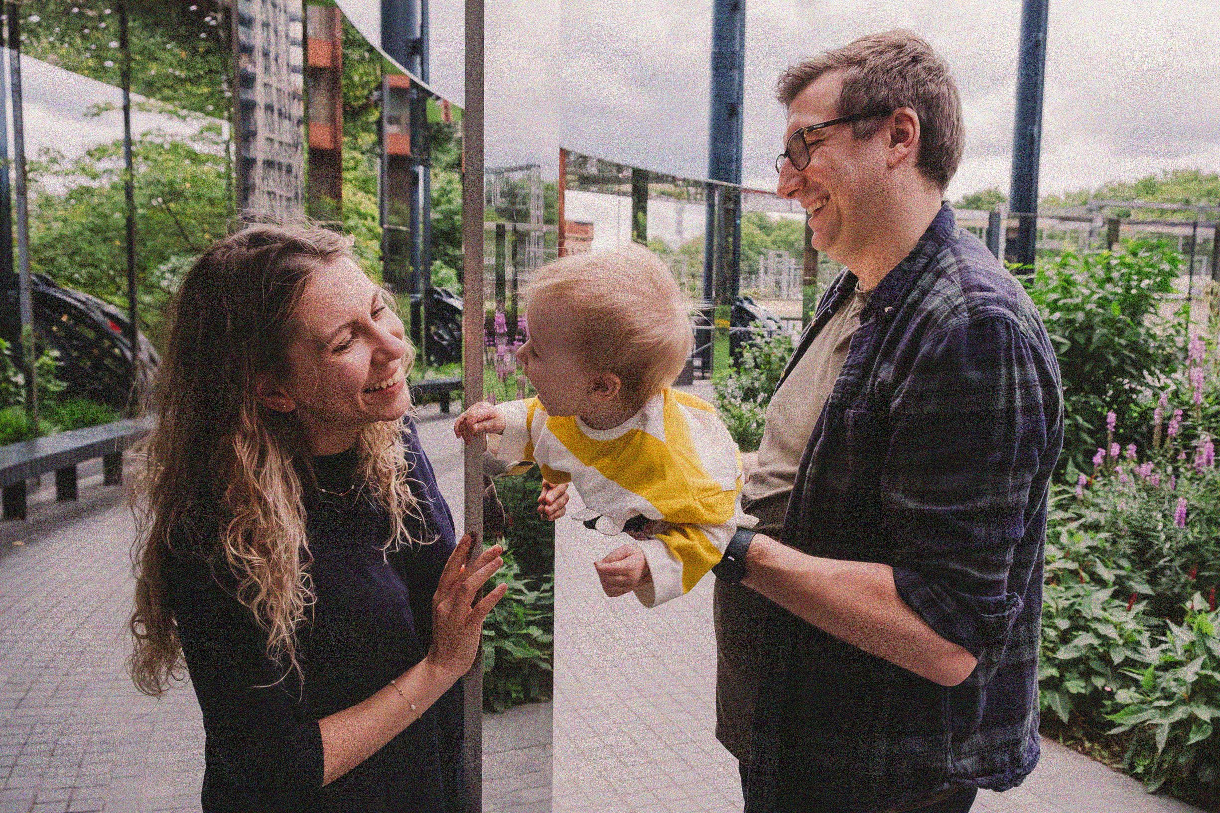A sequence of candid outdoor photos showing joyful moments between people.