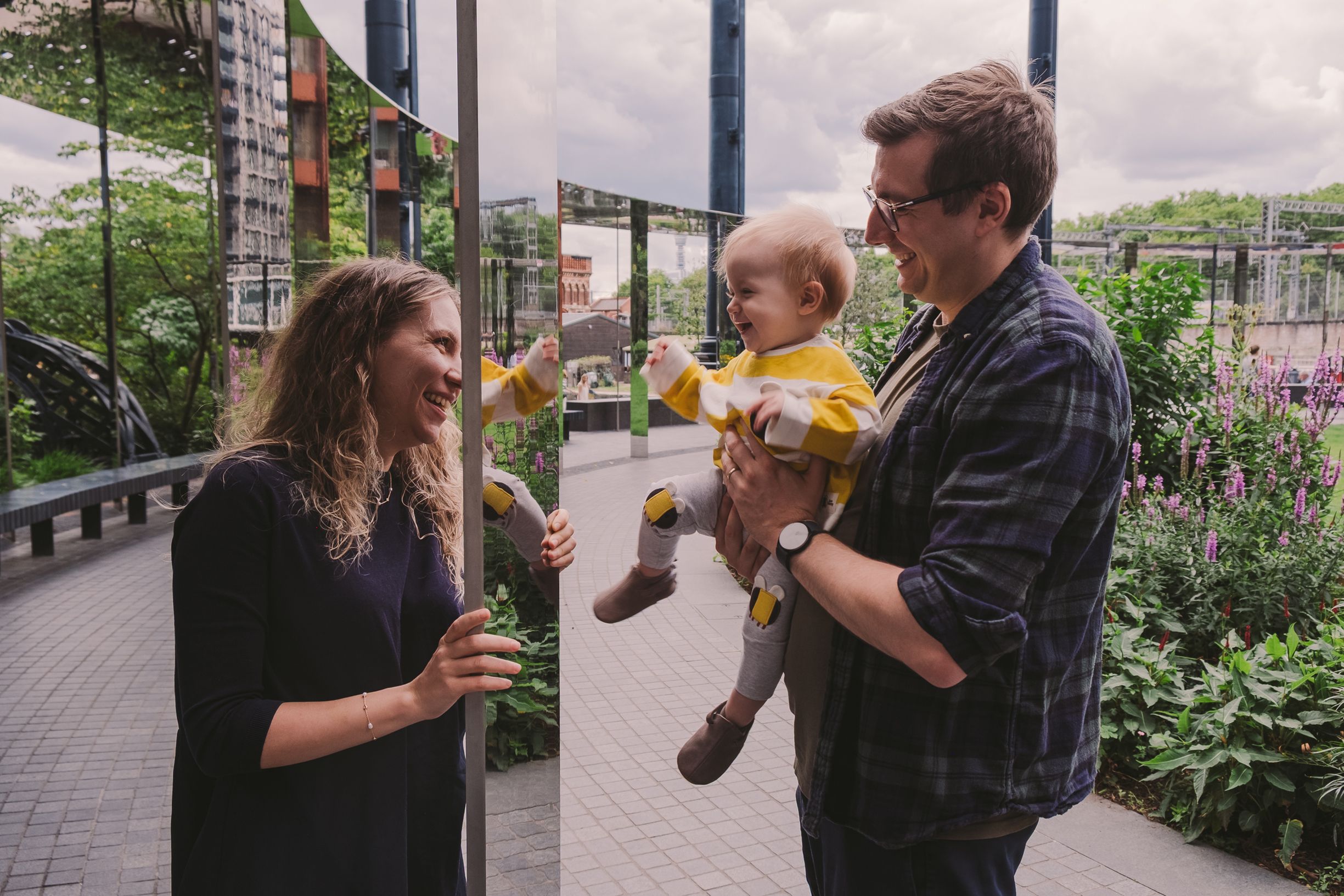 Connected images showing playful interactions on a paved pathway with urban landscaping.